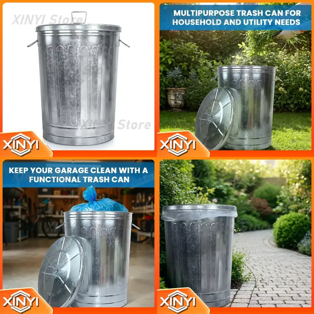 for Outdoor Metal Trash Can 31 Gallon with Lid and Handles Round Galvanized Steel Waste Bin Silver Heavy Duty Yard Garbage