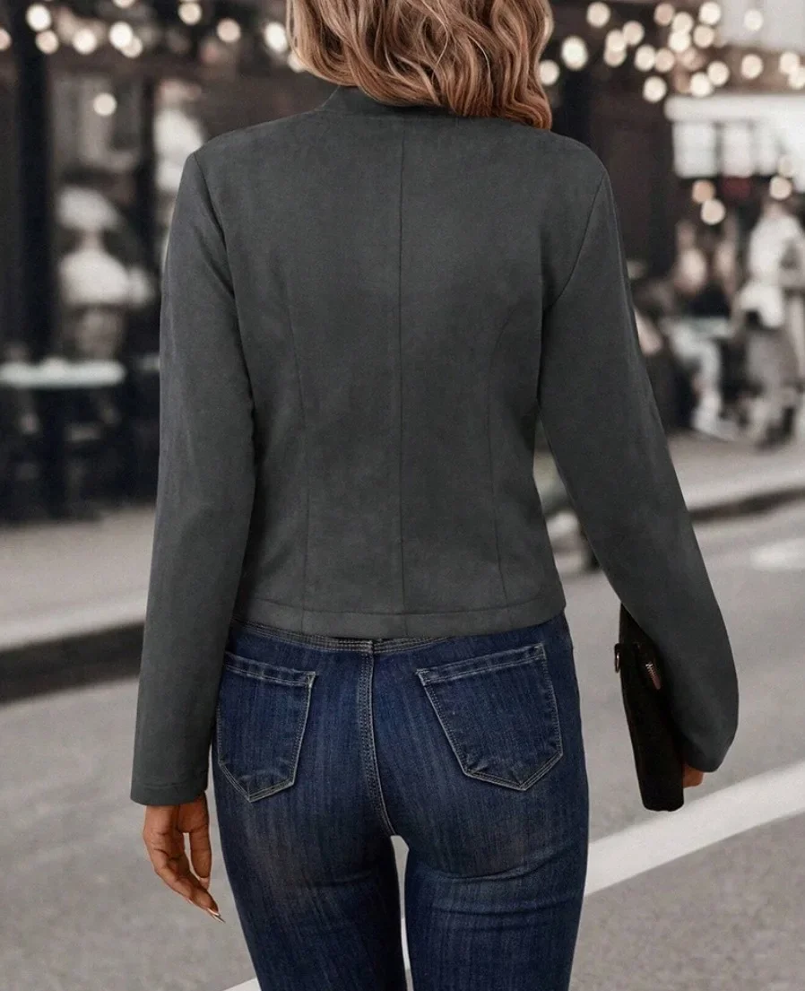 Damen-Blazer mit Stehkragen, offener Front, doppelter Knopfleiste auf beiden Seiten, langen Ärmeln für den täglichen Freizeitgebrauch. – Detail 15