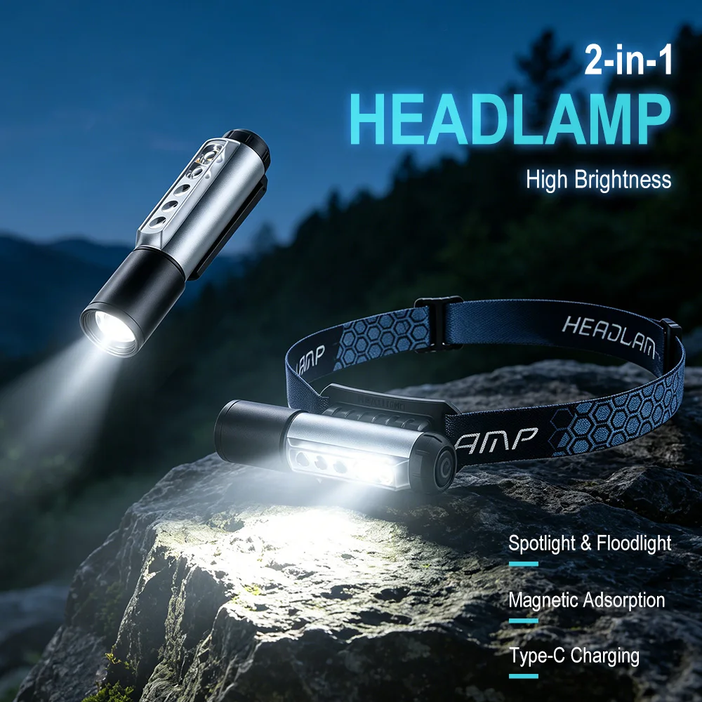 BORUiT 2-in-1 LED Headlamp Flashlight 450Lm Type-C Rechargeable Zoomable Headlight 9 Modes Emergency Headlight Magnet Torch