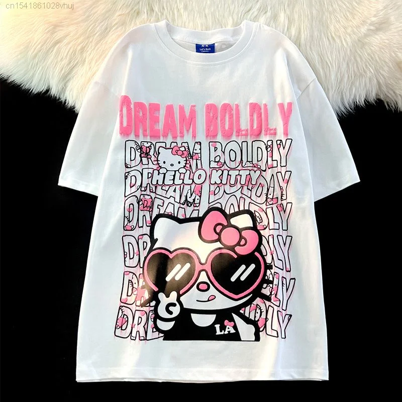 Sanrio Hello Kitty Y 2k Harajuku T-shirt For Women\'s Summer Fashion New Hip Hop Graphic Oversize Short Sleeve Top Female Emo Tee