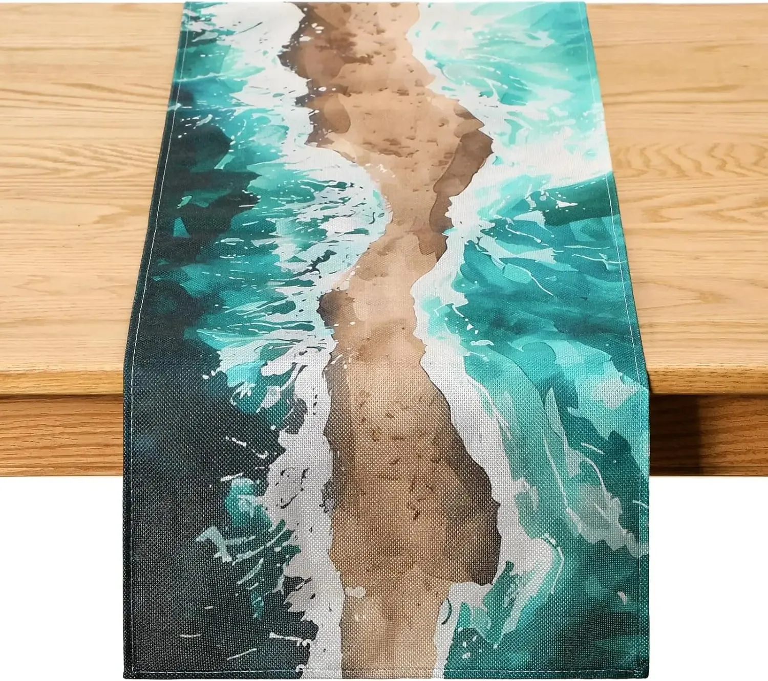 Watercolor Ocean Wave Beach Linen Table Runner Seashore Surf Sand Path Print Coastal Style For Summer Home Dining Table Decor 