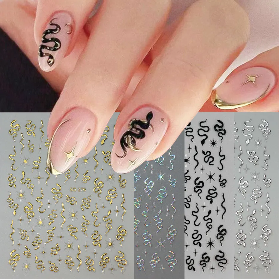 

2/4pcs Golden Snake Nail Sliders Y2K Laser Silvery Black Inspired Snake Adhesive Sticker 3D Shiny Cross Starlight Manicure Decal