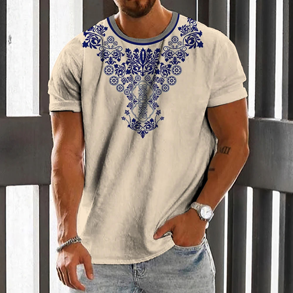 Vintage Men\'s T-shirt Ethnic Print Casual Short Sleeve Summer Round Neck Streetwear Male Loose Sweatshirt Breathable Men Clothes