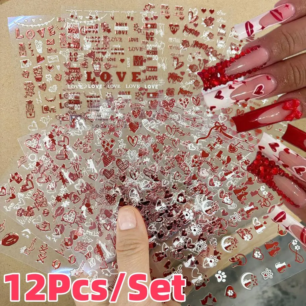 

12Pcs 3D Red Valentines' Day Nail Stickers Sexy Kiss Lips Rose Love Couple Nails Decals Romantic Wedding Dating Manicure Sliders