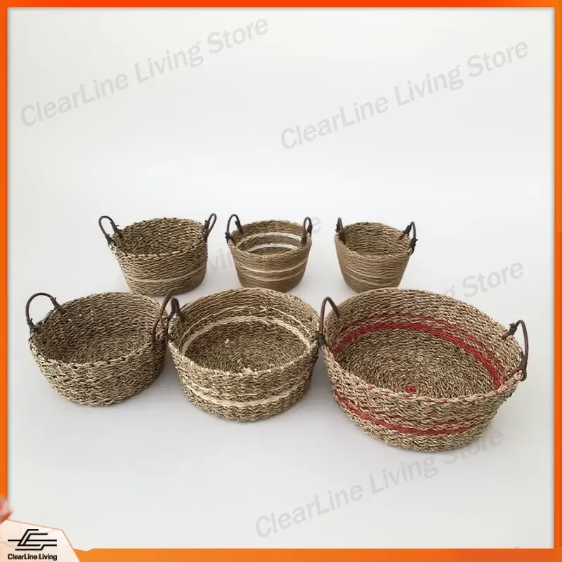 Home Decoration Seaweed Serving Tray Fruit Bread Woven Basket Picnic Storage Basket Handwoven Natural Fiber Decorative Tray