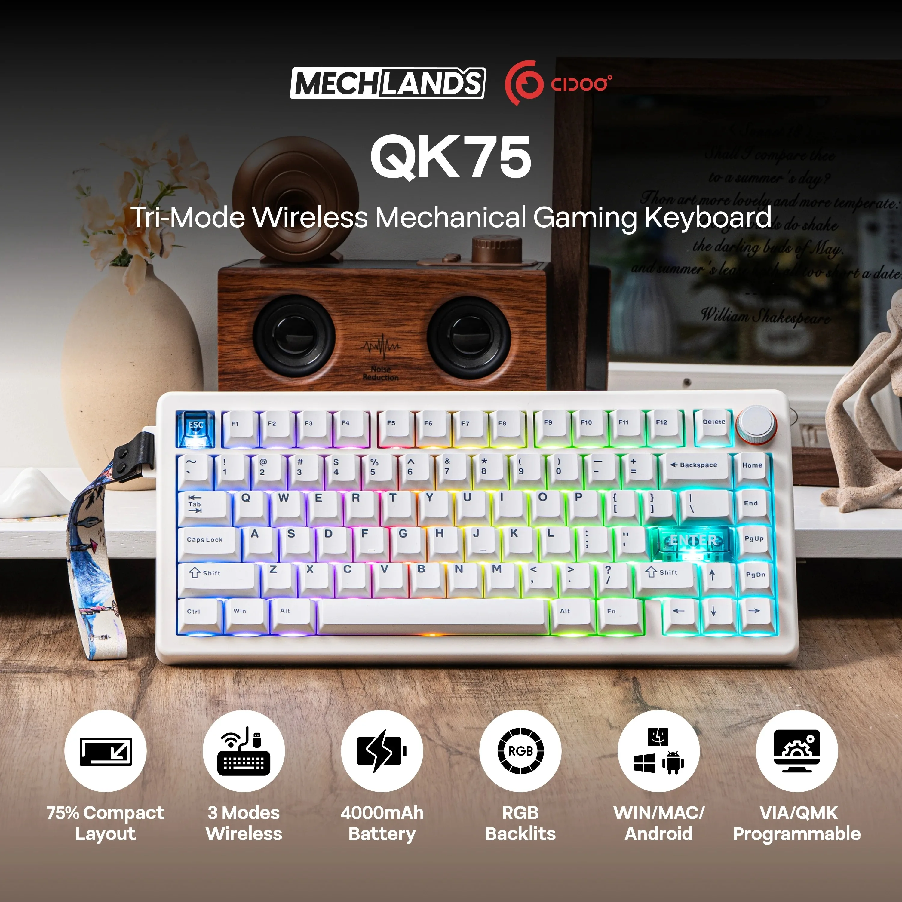 

CIDOO QK75 75% VIA Programmable Gasket Wired/Bluetooth/2.4GHz Wireless Mechanical Keyboard with 4000mAh Battery & RGB Backlight