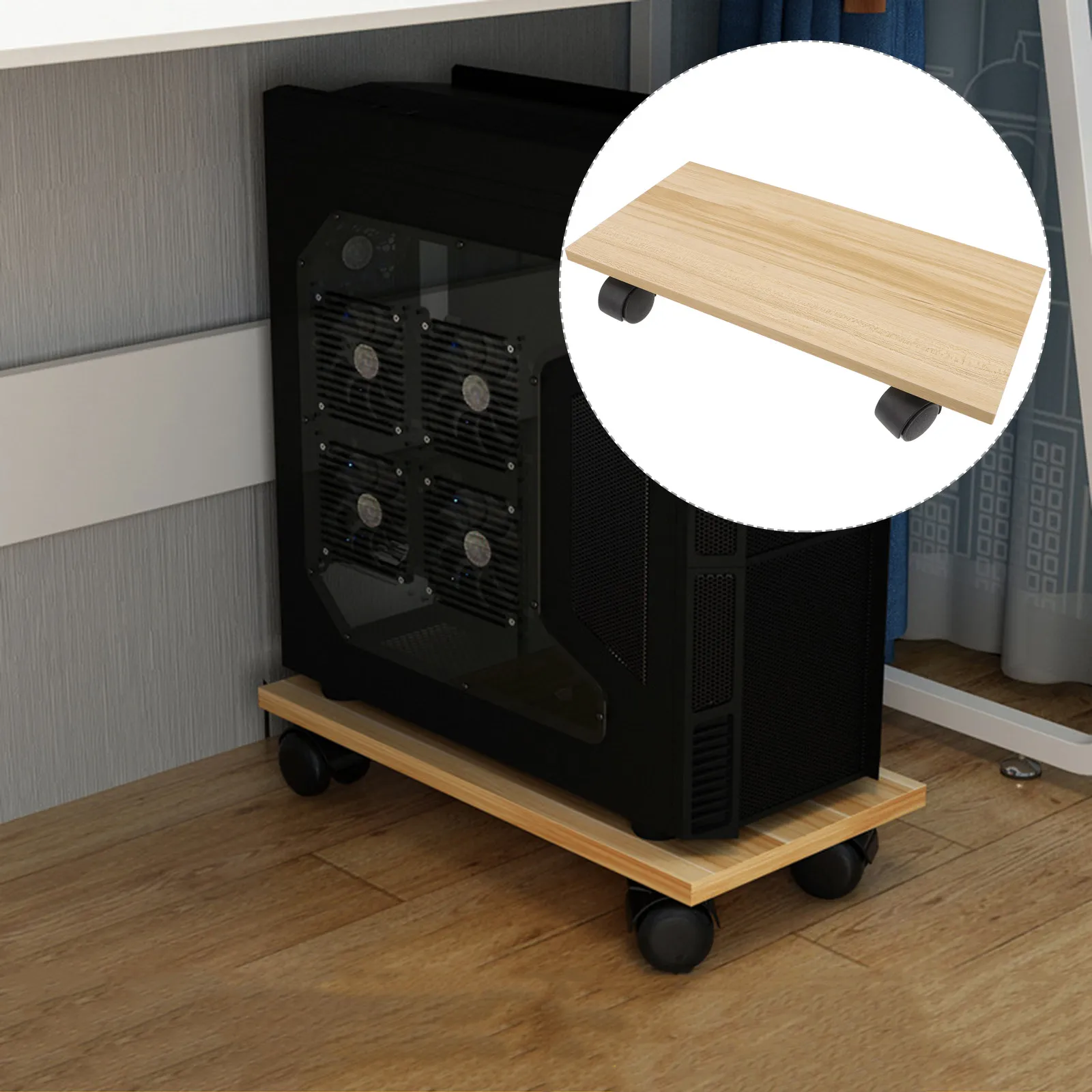 Computer Tower Stand Desktop Host Wooden Mobile Cart Pc Holder with Rotating Casters Floor Stand for Desktop Tower Gaming and