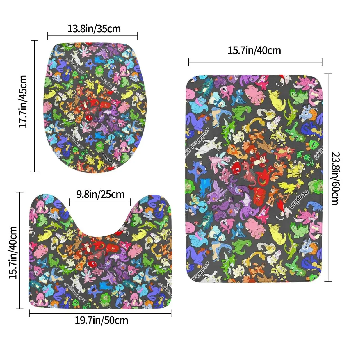 

NEOSPLASH! All The Neopets, All Over Print! 3 Piece Bath Mat Bathroom Set Toilet Lid Cover Home Decor Non-Slip Carpet Floor Rug