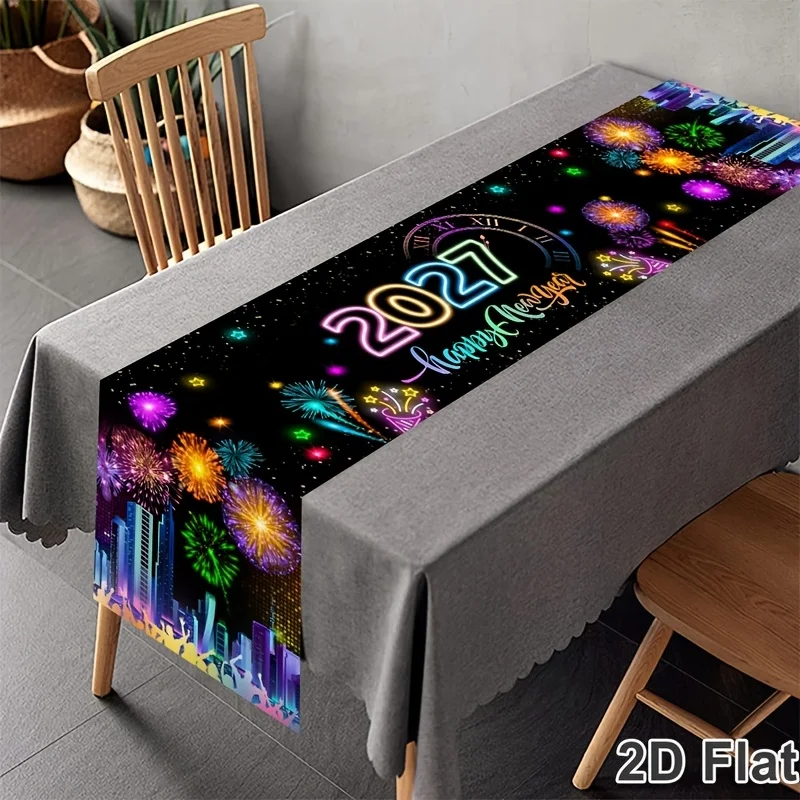2D Flat 1pc 2027 Happy New Year Table Runner, Polyester Rectangular Table Runner with Firework & City Design, for New Year Eve P