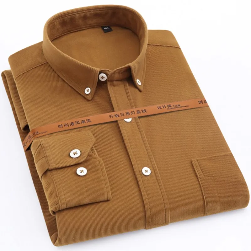 

Men's Fashion Corduroy Shirt Long-Sleeve Single Patch Pocket Comfortable Formal Work Casual Standard-fit Button-down Shirts