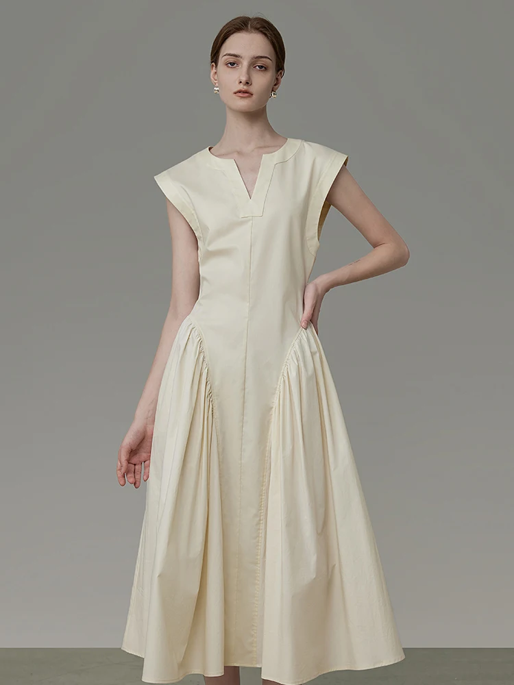 

Light Luxury Beige French Sleeveless Dresses Spring Women O Neck Slim Big Swing Dress Summer High Waist Casual Knee Length Dress