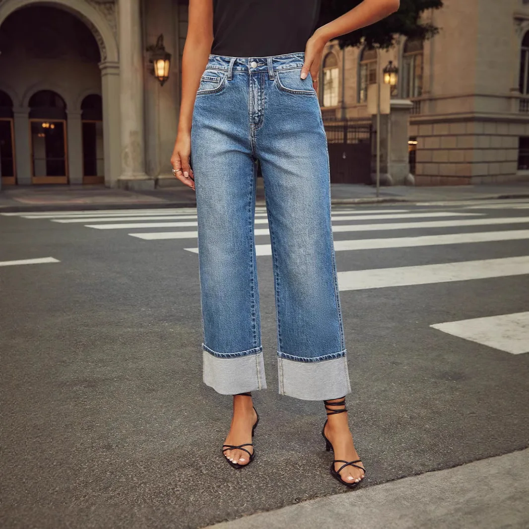 Women's pants 2026 spring new high elasticity straight leg jeans women's quality retro rolled edge high waisted pants