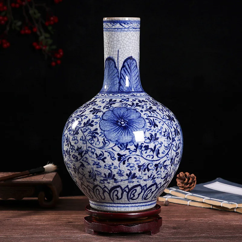 Retro Hand-painted Flower Bottle,Blue and White Ceramic Plant Vase,Living Room Home Crafts,Versatile Scenes,Decorative Ornaments