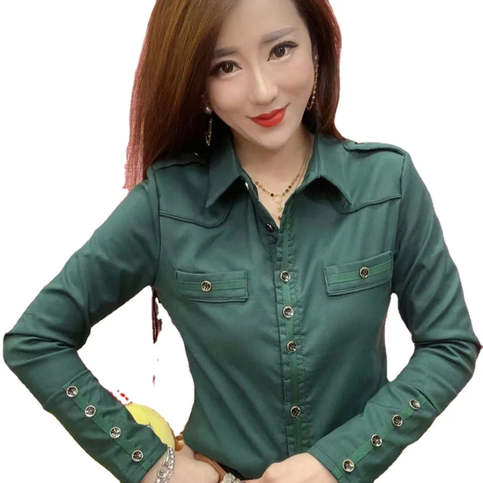 2023 spring and autumn new button type shirt women's long sleeve slim temperament dark green top Korean version