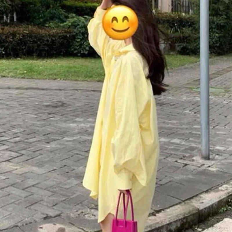 Spring Autumn 2025 New Casual Korean Solid Color Turn-down Collar Shirt Dress Femme Simplicity Buttons Lantern Sleeve Dresses