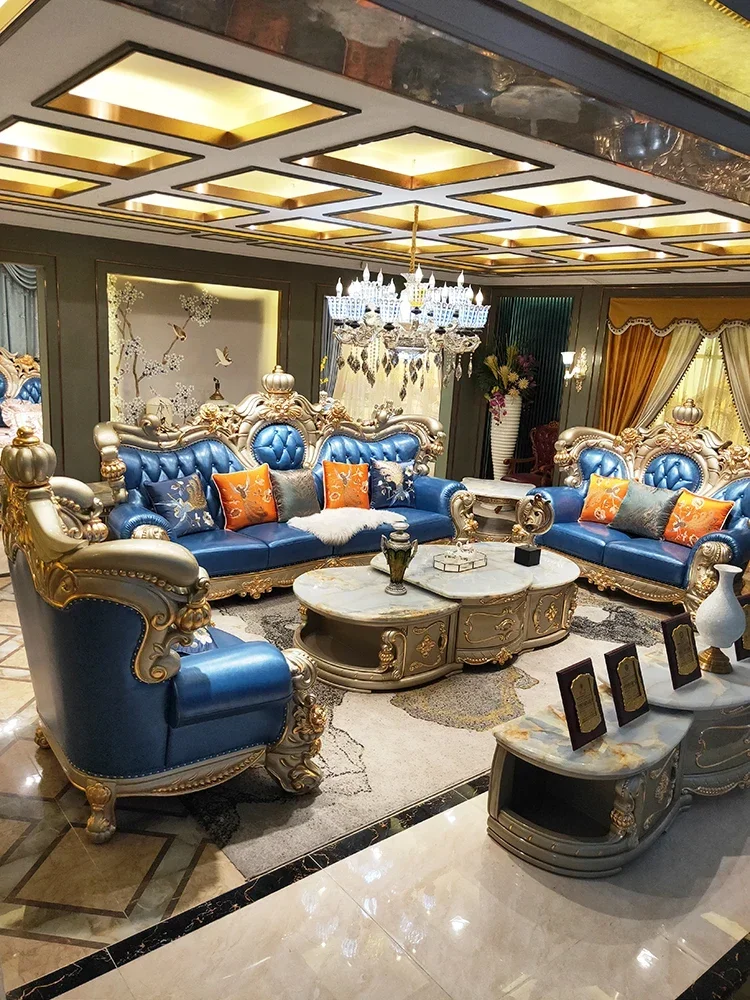 European Villa Crown sofa imported cowhide solid wood carved Champagne gold leaf furniture big 124 combination blue