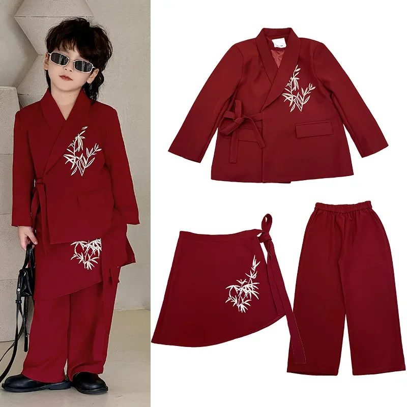 Teens Boys Black Floral Embroidery Suit Set Blazer Pants Formal Outfit for Wedding Party School Performance Catwalk 2-13 Years