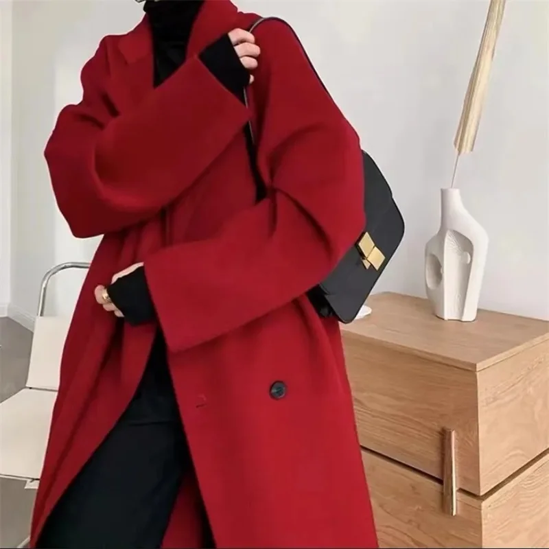 Women's Wool Coat 2025 Winter New Fashion Solid Color Linen Coat Retro Lapel Double-Breasted Coat Women Chic Casual Warm Coat