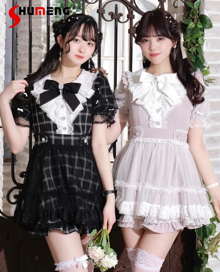 

Summer New Mine Series Pink Dress + Shorts Set Girl Women's Slim-Fit Cute Bow Lace Edge Top Shorts Two-piece Set Lolita Outfit