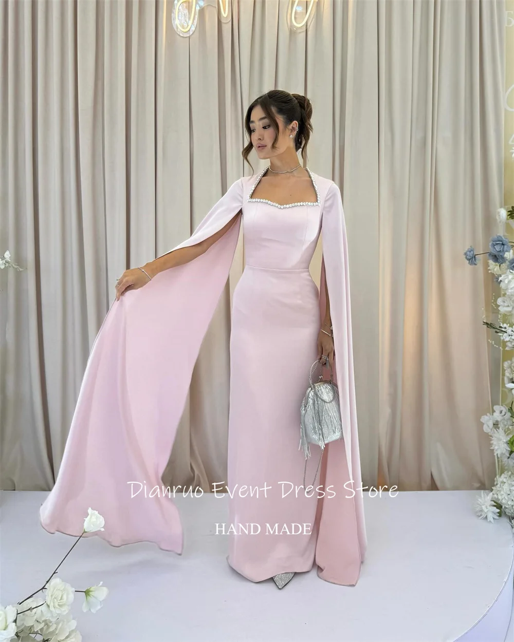 Dianruo блестящее вечернее платье с кристаллами, атласное прямое винтажное платье для особых случаев, розовые халаты с длинными рукавами, вечернее платье по индивидуальному заказу