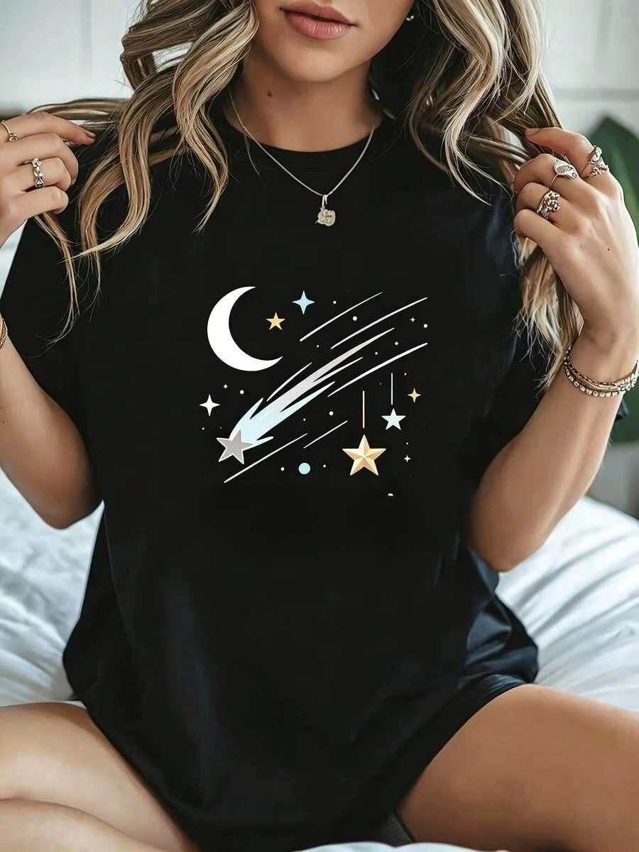Women's Crew Neck Short Sleeve Graphic T-shirt Night Sky Moon and Stars Print Summer Casual Daily Sleepwear Cozy Soft Women Tee