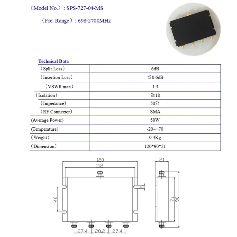 HFES SMA Female Connector 698-2700Mhz 4 Way Power Splitter Formobile Phone Signal Booster SMA Female Connector Power Splitter