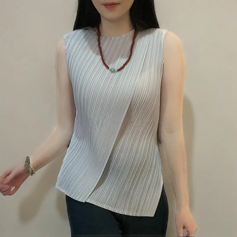 

Плиссированная футболка Miyake, три способа ношения, нерегулярный топ без рукавов, женская минималистичная модная майка премиум-класса с морскими водорослями