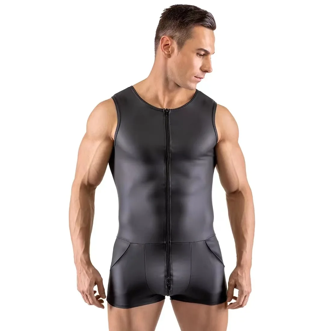 

Men Sexy Jumpsuits Gay Elastic Wet Look Patent Leather Sleeveless Solid Color Bodysuit Hombre Stage Performance Clubwear Costume