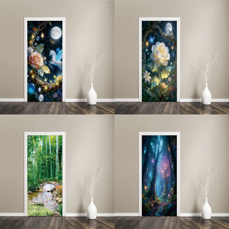 Door Stickers Adhesive  Magical Night Posters Wallpaper for Living Room DIY Full Door Mural Cover Art Poster Home