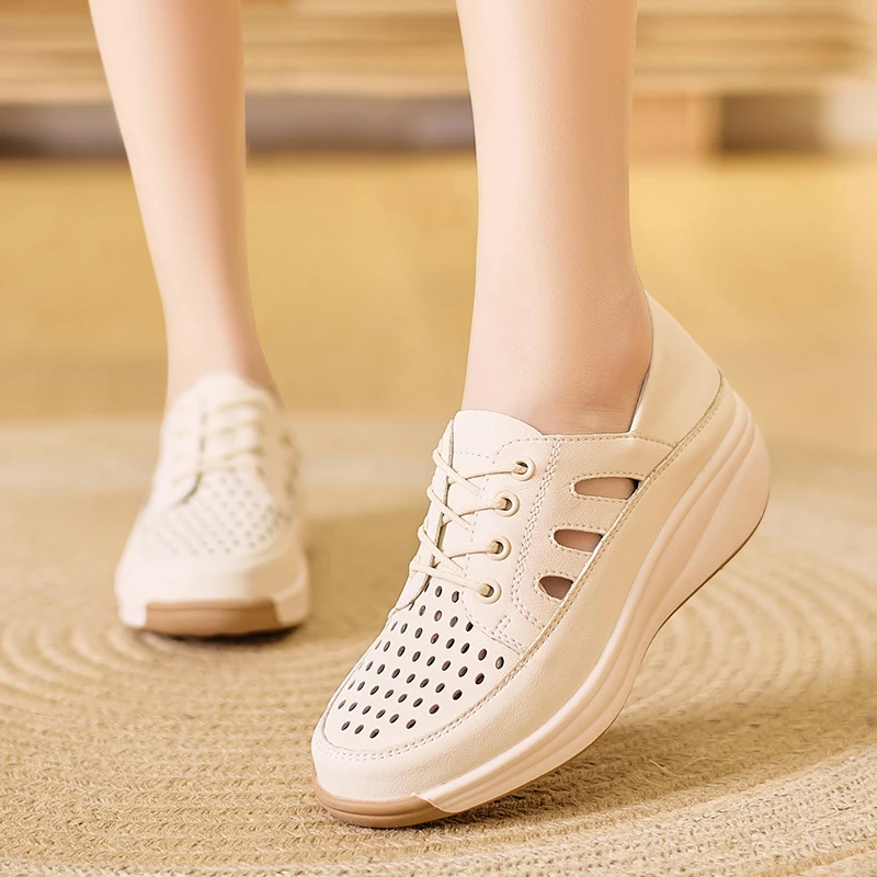 

4.5CM Heel Women Leather Loafers Walking Shoes Summer Sports Outdoor Light Flats Breathable Fitness Sneakers Soft Size 35-40