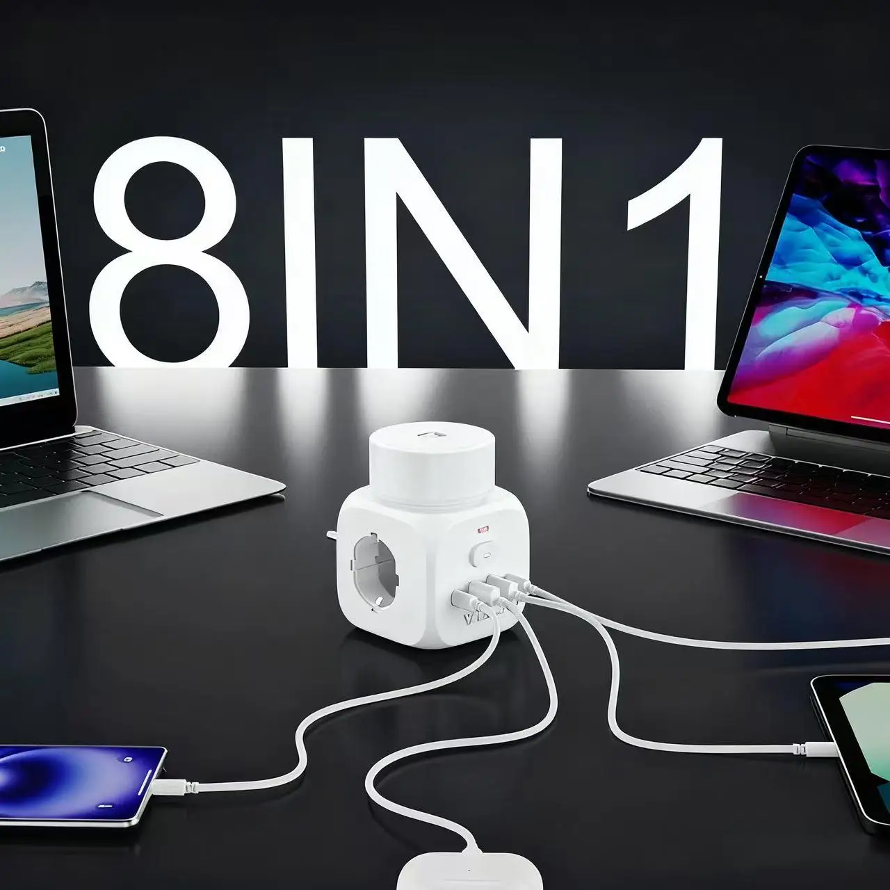 Soket Rubik Multifungsi Portabel Usb+Type-C untuk Perjalanan dan Berkemah, Soket Konversi Nirkabel dengan Sakelar Sentuh dan Lampu Malam
