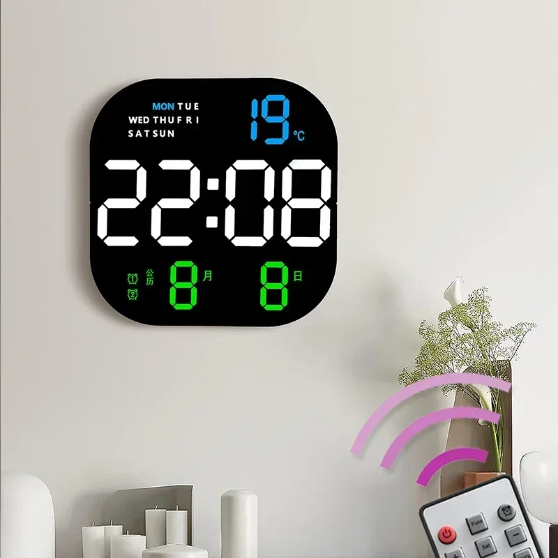 LED Electronic Wall Clock Desktop Digital Alarm Clock Temp Date Week Display Brightness Adjust Minimalist Clock for Living Room