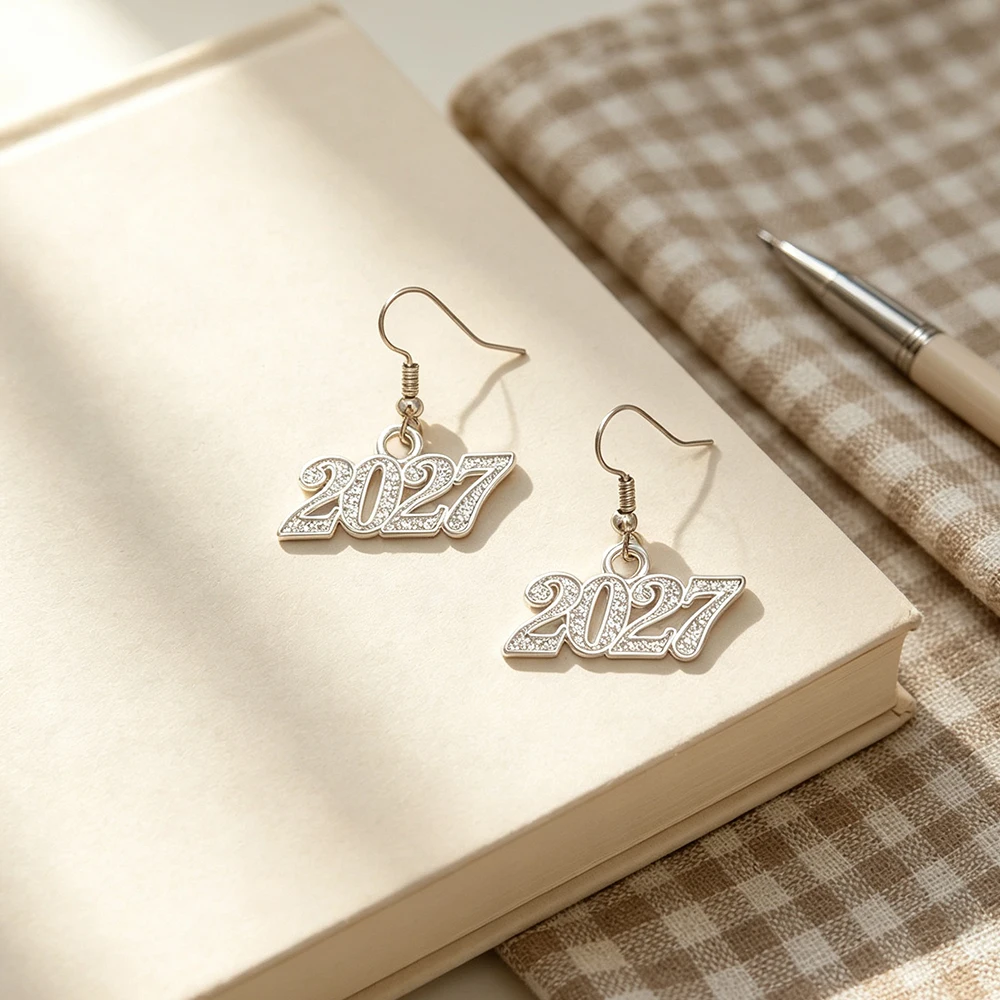 2027 Digital Shape Ear Hook Earrings Graduation Commemorative New Year Party Earrings Gold and Silver Women's Pendant Earrings