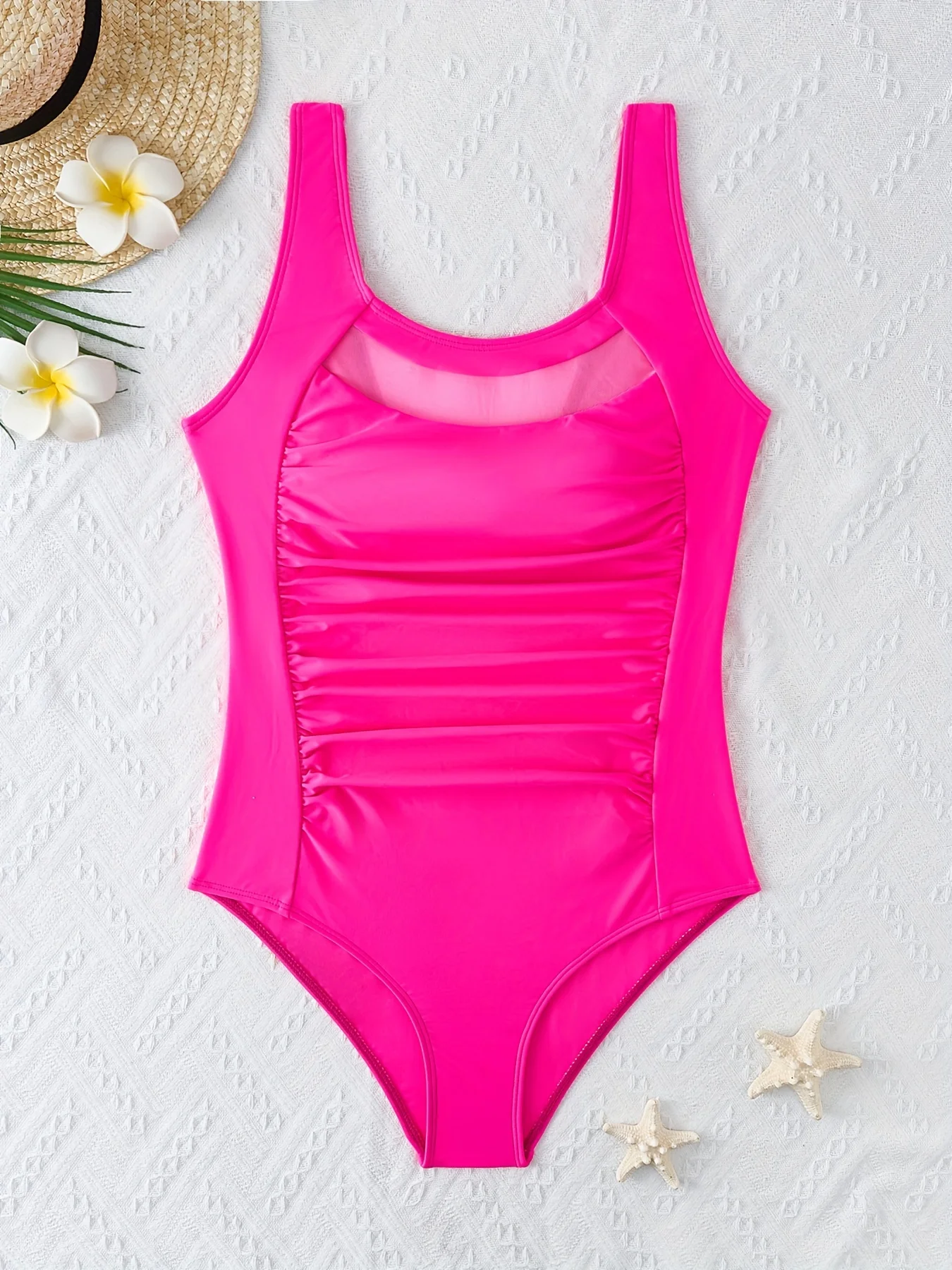 بذلة نسائية سوداء مناسبة - تتميز بزخرفة شبكية على أشرطة الكتف، ملابس سباحة أنيقة وأنيقة لقضاء عطلة الشاطئ