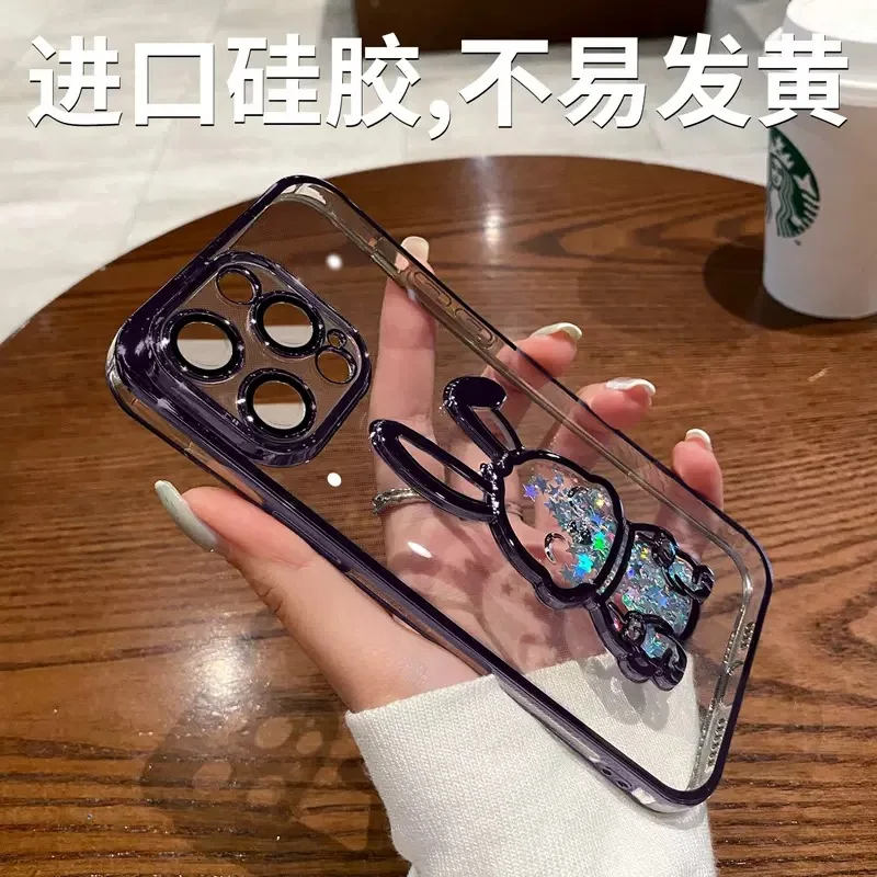 For iPhone14 Pro max Phone Case New Electroplated Quicksand Rabbit iPhone 14 11 12 With Glass Lens Film For iphone 13 case