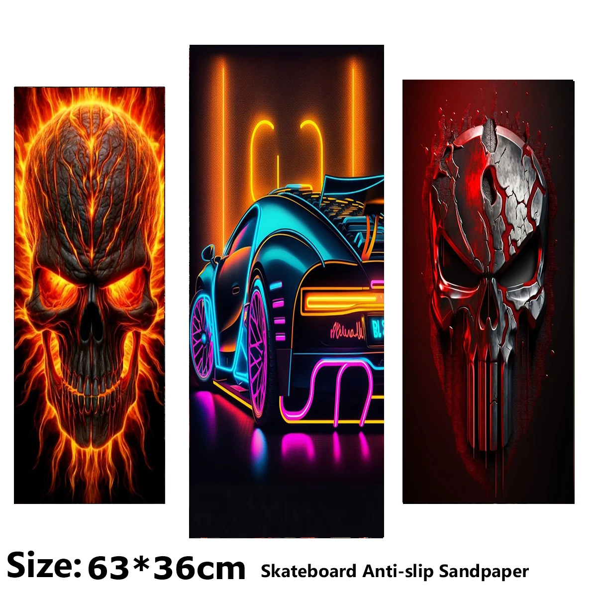 

Cool Skull Colorful Sports Car Pattern Electric Scooter Anti-slip Sticker Sandpaper Skateboard Grip Tape Sheet 63*36cm
