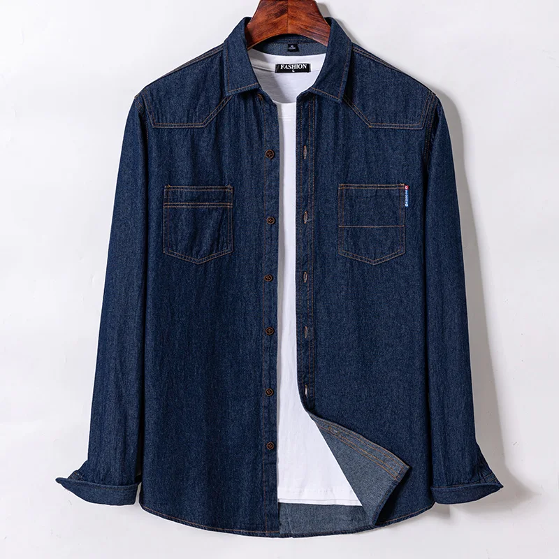 Spring Autumn Denim Pocket Men's Shirts Classic 100% Cotton Long Sleeve Jacket Casual Streetwear Comfortable Clothes Social Coat