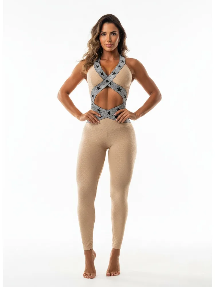 Gymdolphin 2026 New Women's Fitness Jumpsuit Black Star Glitter Patchwork Cutout Skinny Fitness Jumpsuit Sports One-piece Suit