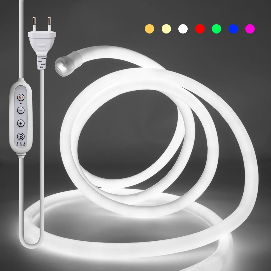 220V LED Neon Light Strip 120leds/m 1m-25m Waterproof 360 Round Tube Flexible Rope Lights with EU/AU Timing Dimming Switch Plug