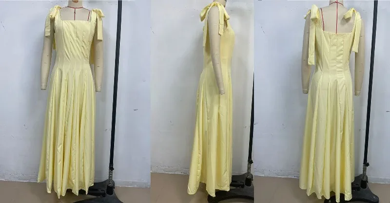 Elegantes Maxikleid für Damen mit Trägern und Schleife, Hochzeitsgast-Brautjungfernkleid, fließendes A-Linien-Kleid, einfarbiges Sommer-Strandkleid für den Urlaub – Detail 4