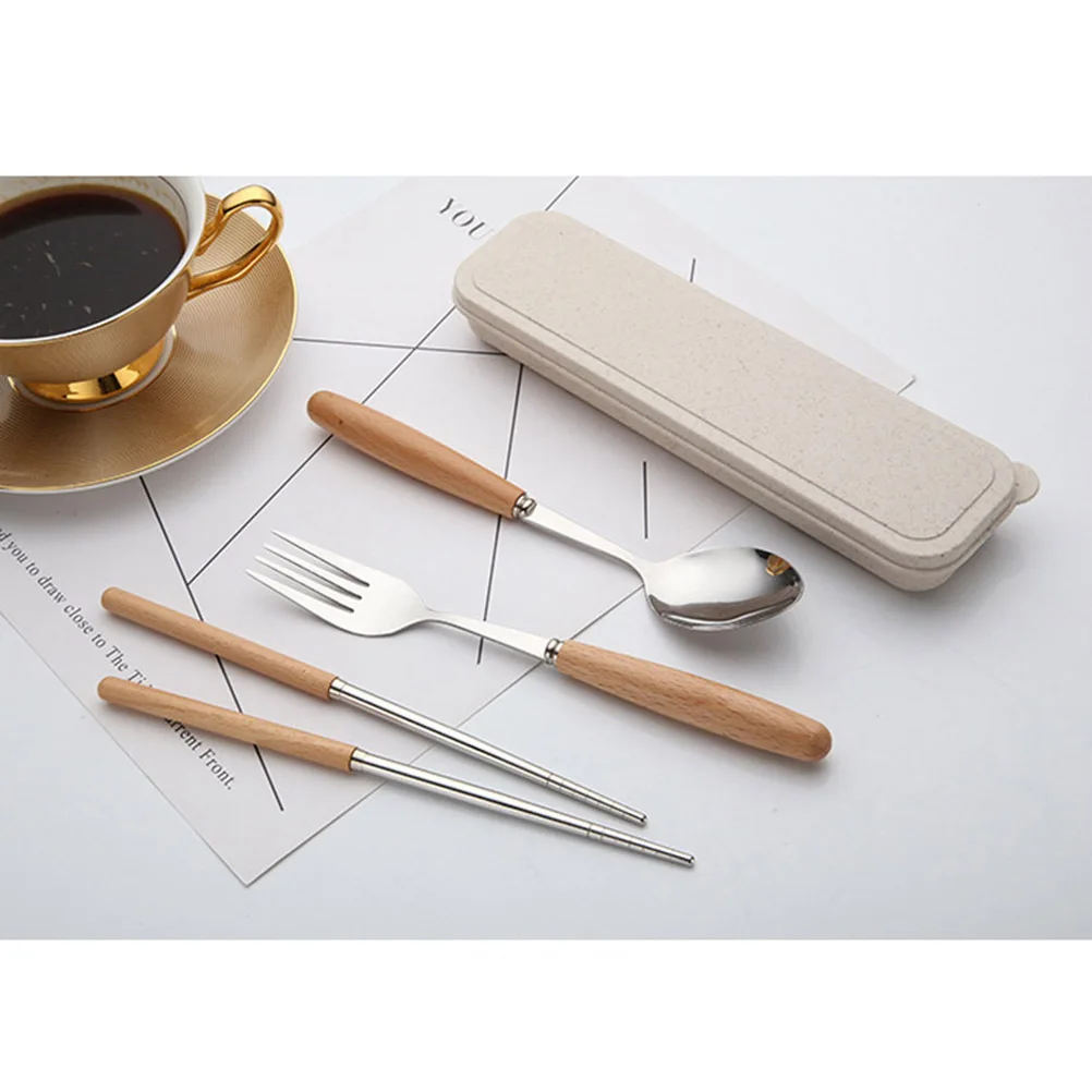 

3Pcs Eco Friendly Tableware Set Beech Wood Handle Cutlery Stainless Steel Spoon Fork Chopstick Set for Camping Travel School