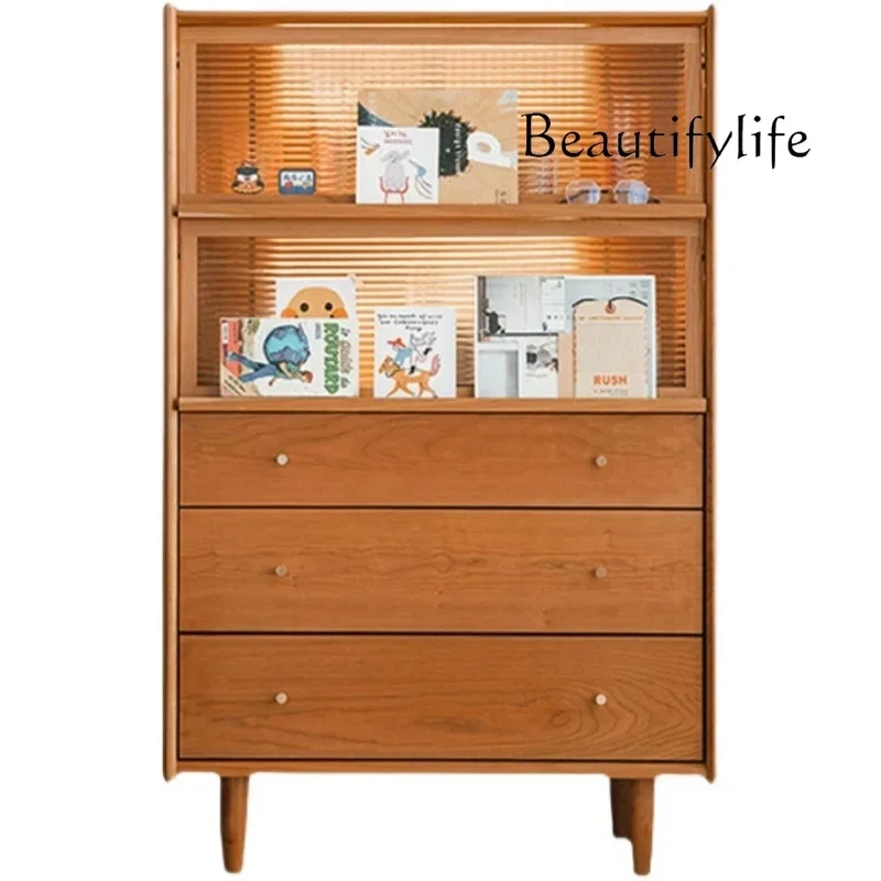 X35 Simple Solid Wood Living Room Storage Five Buckets Kitchen Cupboard Nordic Shelf Cherry Wood Sofa Side Cabinet
