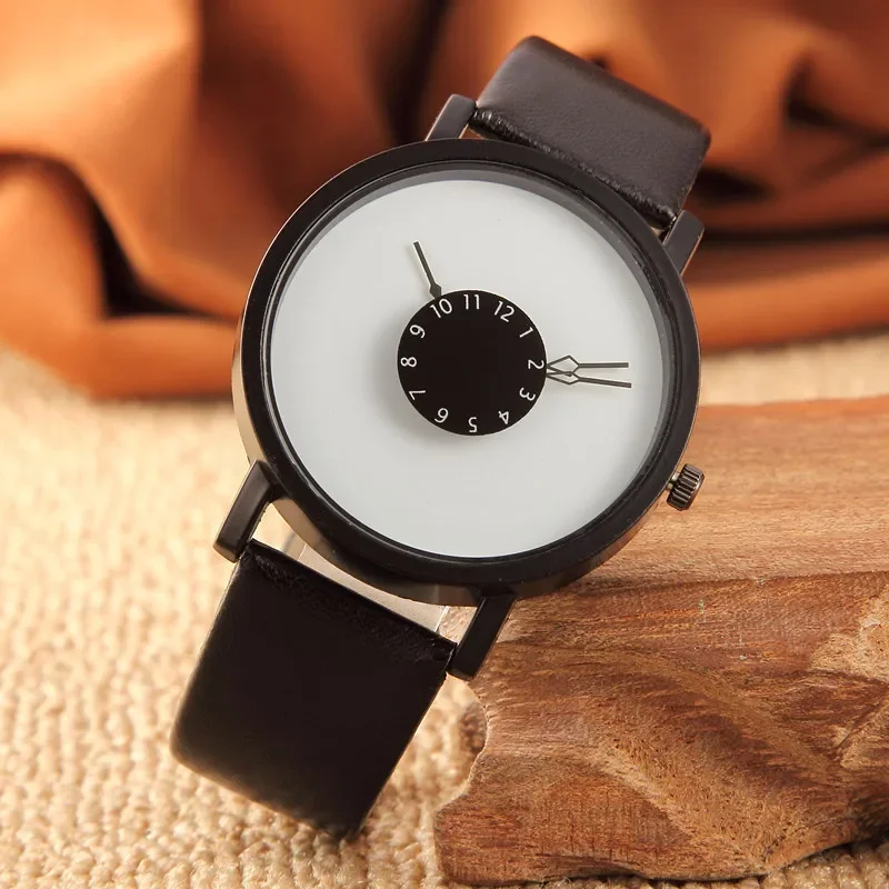 New Concept Personality Reverse Pointer Women Watch  Simple Black and White Couple Wristwatch Belt Men Quartz Watches