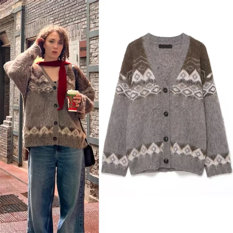 

Women's Coat 2025 Winter New Gray Jacquard Long-Sleeve Loose V-Neck Knit Cardigan Jacket Casual Fashion Versatile Style