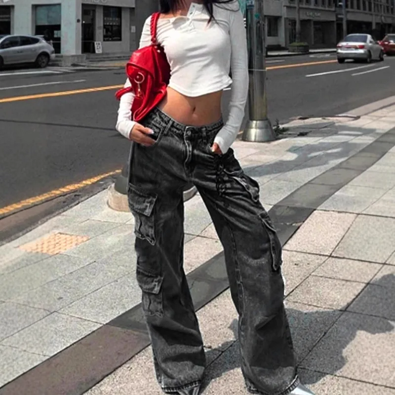 

Trendy and Cool Korean-style Workwear Straight-leg Mop-length Long Pants Wide-leg Jeans Loose and Suitable for Cool Girls