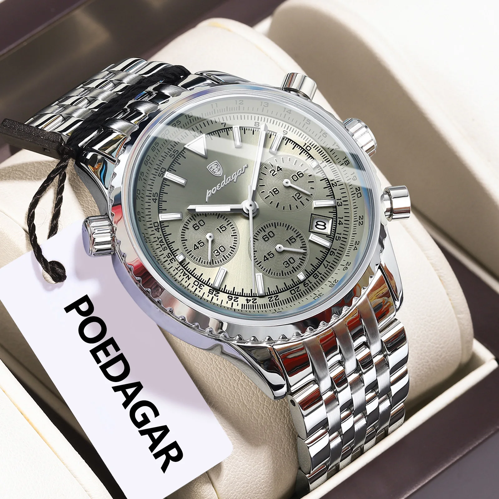 POEDAGAR ساعة رجالية عصرية فاخرة من الفولاذ المقاوم للصدأ مقاومة للماء كوارتز مضيئة ساعة رجالية تاريخ كرونوغراف ساعات رجالية عسكرية