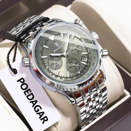 Imagen 2 del producto Reloj POEDAGAR de lujo a la moda para hombre, reloj de cuarzo luminoso resistente al agua de acero inoxidable para hombre, cronógrafo con fecha, relojes militares para hombre