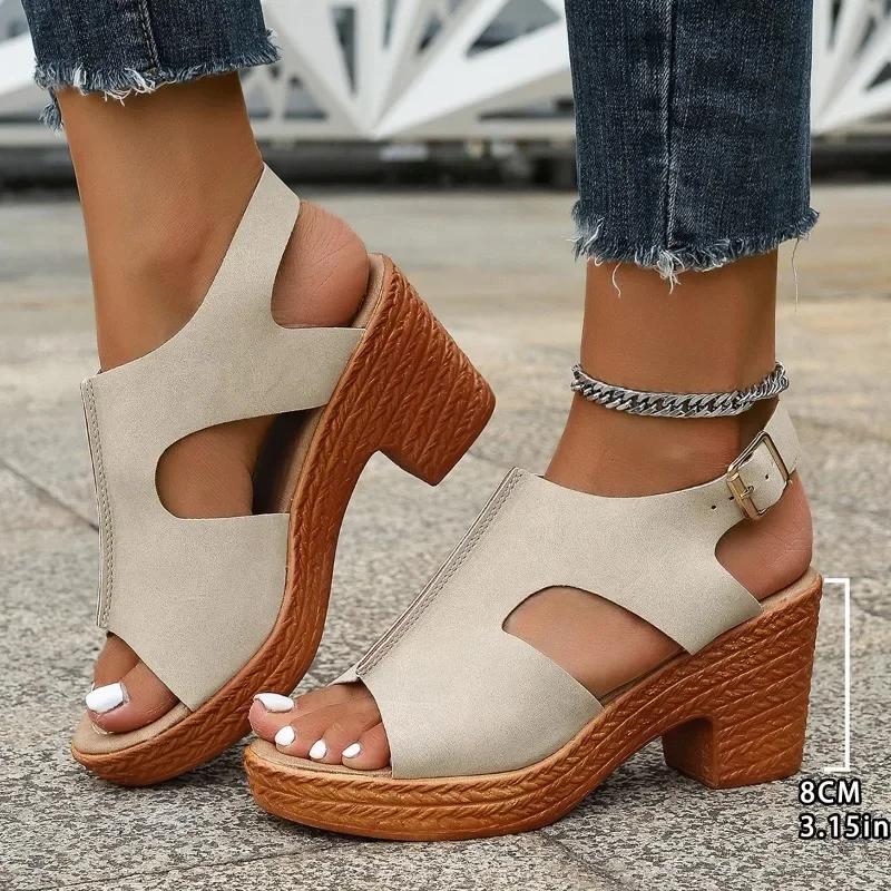 2025 뜨거운 판매 여성 신발 버클 스트랩 여성 샌들 패션 오픈 발가락 캐주얼 샌들 여성 여름 베스트 셀러 굽 샌들