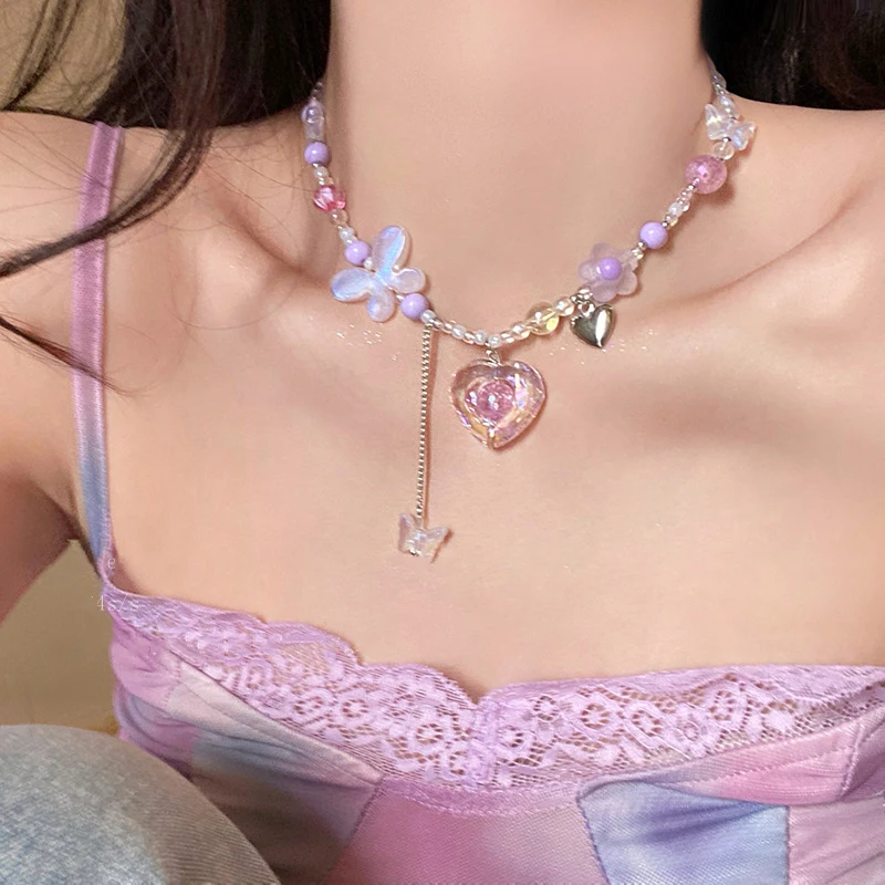 Kpop Goth Y2K Herz Schmetterling Anhänger Halsband Bunte Halskette Schlüsselbein Kette für Frauen Mädchen Punk Süße Ästhetische Schmuck Party – Detail 4