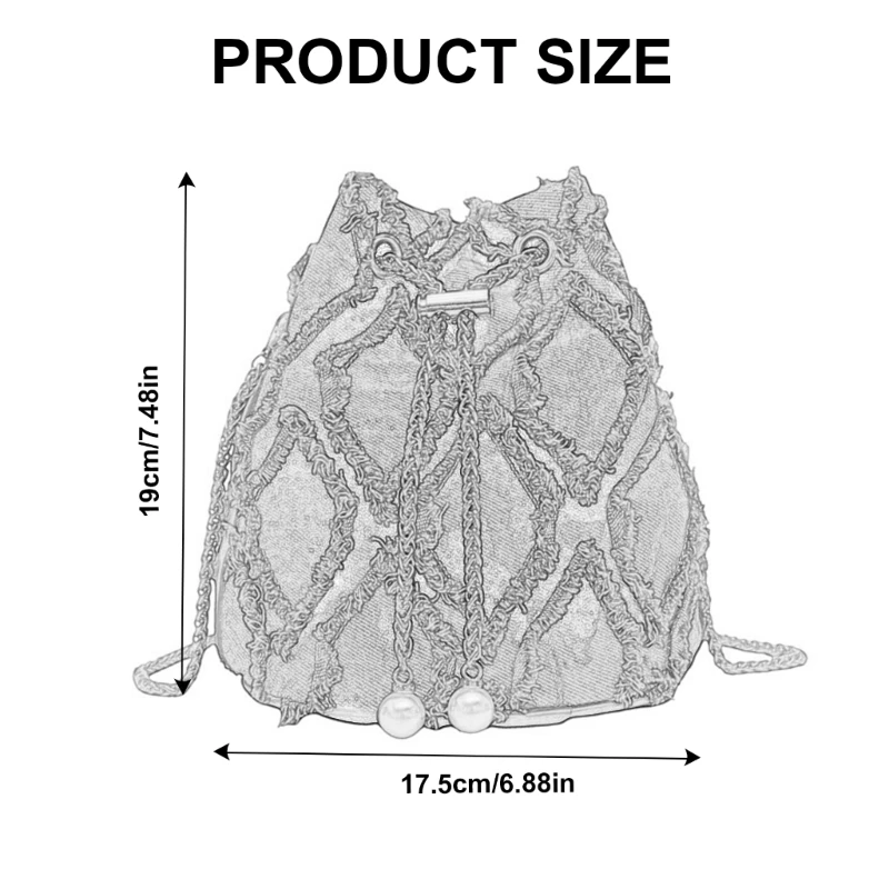 E74B Bolso tipo cubo tela vaquera con borlas a bolso cruzado con cordón para vaqueros mujer